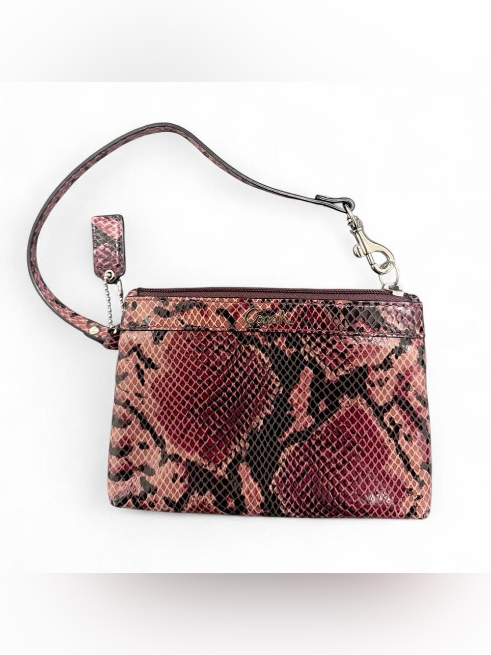 Coach Pink Snake-Print Wristlet with Black Accents